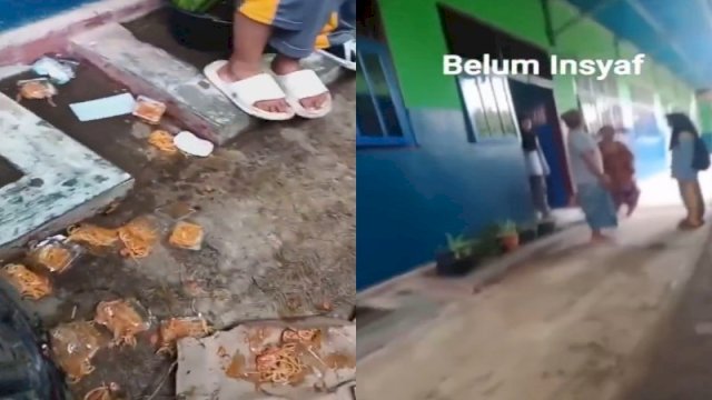 Dagangan makanan siswi MTs di Kalibuntu, Losari, Brebes dibuang oleh ibu kantin. (Foto: Facebook Grup Losari Dalam Berita)