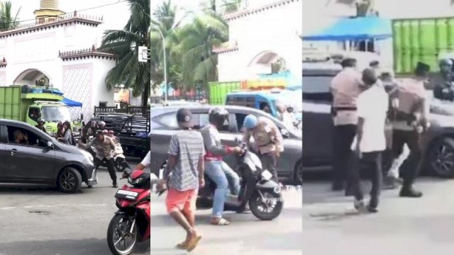 Aksi arogansi oknum polisi terhadap pengendara mobil di Ambon. (Foto: X @elmoerif)