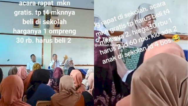 [23/12 15.39] +62 857-7211-2950: Viral Sekolah Diduga Tarik Pungli, Siswa Diminta Beli Wadah Makan Siang Gratis Rp60 Ribu ABATANEWS, JAKARTA - Viral di media sosial sebuah video yang memperlihatkan pungutan liar (pungli) yang diduga dilakukan oleh salah satu pihak sekolah dalam mencanangkan program makan siang gratis. Video tersebut pertama kali dibagikan oleh akun TikTok @ahmad.lehan6 dan viral setelah ramai dibagikan ulang sejumlah akun di media sosial lainnya. Dalam video tersebut, terlihat suasana rapat yang dihadiri oleh wali murid dan pihak sekolah di sebuah ruangan, namun lokasi sekolah belum diketahui. Dijelaskan bahwa pihak sekolah menawarkan kepada wali murid untuk membeli tempat makan khusus sebagai bagian dari program makan siang gratis untuk anak-anak mereka. Tak tanggung-tanggung, setiap siswa diharuskan membeli dua tempat makan. Untuk satu tempat makan dibanderol dengan harga Rp30 ribu sehingga harga untuk dua tempat makan yang harus dibayarkan orang tua sebesar Rp60 ribu per siswa. "Acara rapat makan gratis. Tapi tempat makannya beli di sekolah harganya 1 ompreng 30 ribu. Harus beli 2," tulis akun TikTok @ahmad.lehan6 dalam narasi video. “Lagi rapat di sekolah, acara makan gratis tapi harus beli tempat makannya 2, harga Rp30 ribu 1, harus 2 jadi Rp60 ribu. Kalau ada dua anak di sekolah jadi 4 bos,” tulis akun tersebut dalam video lainnya sambil menyertakan emoji tertawa. Sontak, video tersebut langsung mengundang perhatian publik. Bahkan, admin Partai Gerindra ikut memberikan komentar terkait unggahan tersebut. "Itu yang ngomong begitu siapa, Pak?," tulis admin akun TikTok resmi @gerindra. "Itu kepala sekolah nya," jawab akun TikTok @ahmad.lehan6. Disisi lain, beberapa netizen memberikan beragam komentar terkait video viral tersebut. "Lho bukannya omprengannya sudah sepaket dengan makanannya? Jadi nggak perlu bawa atau beli?," tulisa akun @aga***. "Kepala sekolah panik wkwk, udah dikomen admin gerindra," tulis akun @flo***. "Kalian tau ga sih, program makan gratis tuh emang bener tapi setelah sampai ke sekolah, udah beda cerita lagi," tulis akun @int***. "Dikirain mah murid tinggal makan aja ga harus beli tempat makannya," tulis akun @ahm***. "Emang pemerintah kasih makan gratis tidak disertakan bungkusnya???," tulis akun @sya***. "Makan gratis tapi harus bayar. Konsepnya gimana," tulis akun @arl***. "Mungkin biar sampah ga numpuk setiap harinya, jadi disiasati pake tempat makan sendiri," tulis akun @bak***. "Ya harusnya dikasih pilihan antara mau bawa tempat makan sendiri atau disediain di sekolah (harus bayar) ya karena mungkin pemerintah cuma ngasih makan gratis doang gak sama tempat makannya," tulis akun @nor***. Penulis: Nidi[23/12 15.40] +62 857-7211-2950: Potret rapat wali murid dan pihak sekolah dengan topik wadah untuk program makan siang gratis. (Foto: TikTok @ahmad.lehan6)