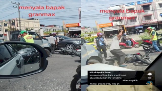 Seorang pengendara mobil memukul body motor dengan kunci roda usai kaca mobilnya dipecahkan pemotor. (Foto: Instagram @mood.jakarta)