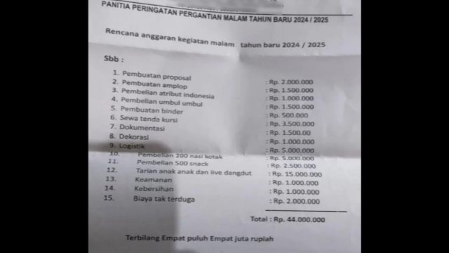 Isi surat rencana anggaran dari salah satu ormas di Bekasi untuk perayaan Tahun Baru. (Foto: Instagram @lambe_turah)