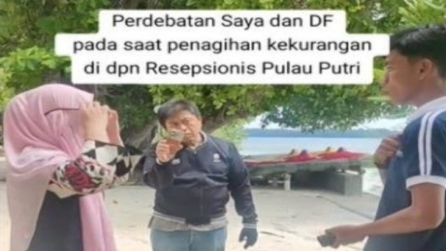 Pasutri berdebat dengan petugas travel soal pelunasan booking hotel dan fasilitas lainnya. (Foto: TikTok @areeeee234)