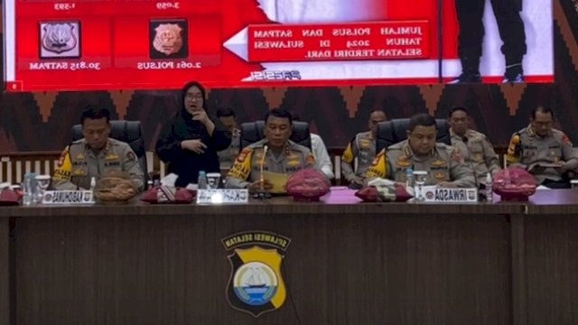 Kapolda Sulsel Irjen Yudhiawan Wibisono beserta jajarannya saat memaparkan sejumlah kasus termasuk sindikat Uang Palsu UIN Alauddin Makassar saat rilis Catatan Akhir Tahun 2024 Polda Sulsel di Aula Mappaodang Kapolda Sulsel, Senin (30/12/2024).