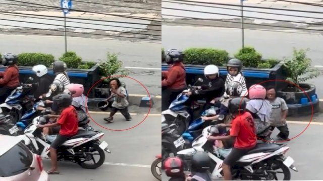 Seorang pengemis menyundutkan rokok ke seorang pengendara motor. (Foto: Instagram @medsos_rame)