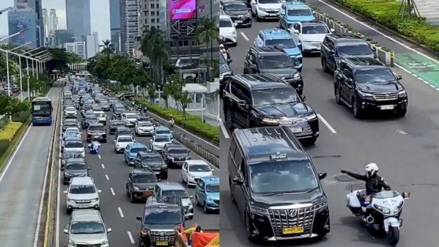 Aksi patwal tunjuk-tunjuk sopir taksi Silver Bird saat kawal mobil RI 36. (Foto: X @MafiaWasit)