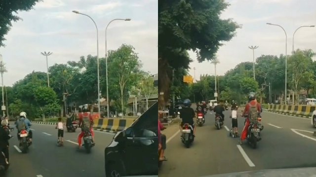 Seorang bocah bermain skuter di jalan raya tanpa pengawasan orang tua. (Foto: Instagram @medsos_rame)