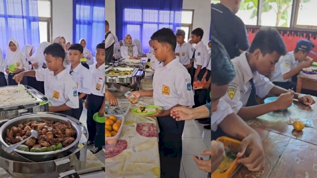 Makan Bergizi Gratis di salah satu SMP di Majalengka, Jawa Barat disajikan dengan prasmanan. (Tangkapan layar TikTok @pemkabmajalengka)