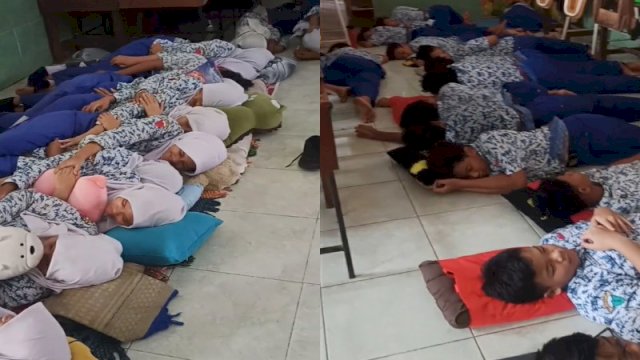 Para siswa dan siswi SMPN 39 Surabaya tidur siang di sekolah. (Foto: Instagram @smpn39sbyofficial)