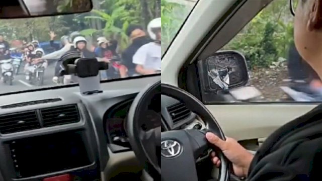 Kaca spion pengendara mobil dirusak oleh rombongan pengendara motor. (Foto: Instagram @fakta.indo)