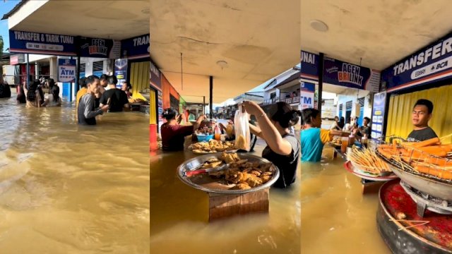 Penjual gorengan tetap berjualan di tengah banjir. (Foto: TikTok @aming_bangor)