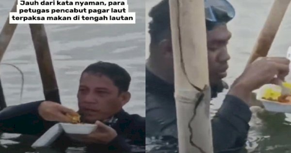 Viral Perjuangan Petugas Pencabut Pagar Laut, Makan di Tengah Lautan Sambil Pegangan Bambu