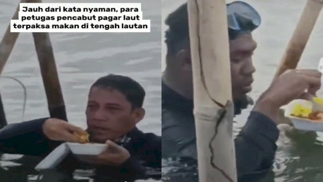 Petugas pencabut pagar laut menyantap makanan sambil terombang-ambing oleh ombak di tengah lautan. (Foto: TikTok @totalpolitik)