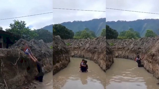 Rumah seorang warga dikelilingi galian parit. (Foto: Instagram @medsoszone)