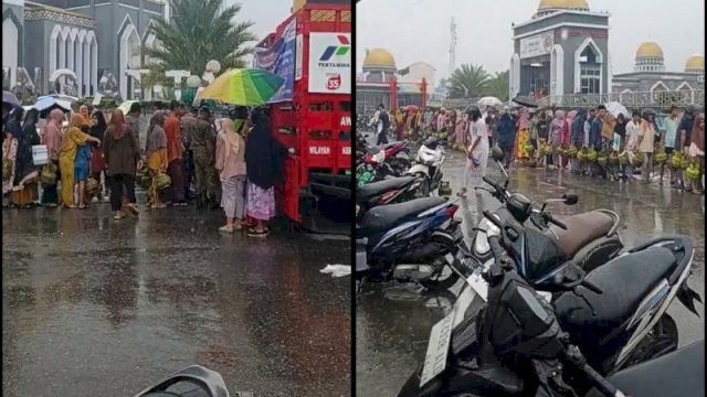 Antrean panjang warga yang hendak membeli gas LPG 3 kg di tengah hujan deras. (Foto: X @MurtadhaOne1)