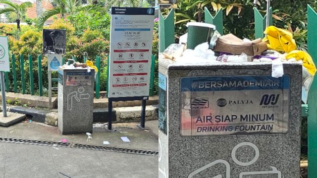 Fasilitas Air Siap Minum di Stasiun MRT Jakarta dipenuhi sampah. (Foto: Instagram @fakta.jakarta)