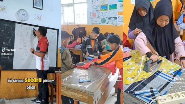 Guru PJOK di salah satu SDN di Cianjur ajarkan siswa cara menyetrika dan melipat pakaian sendiri. (Foto: TikTok @de.desul)