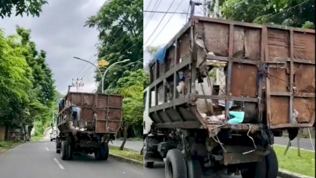 Sebuah truk pengangkut sampah yang sudah tidak layak pakai tertangkap kamera di Bandar Lampung. (Foto: Instagram @medsos_rame)