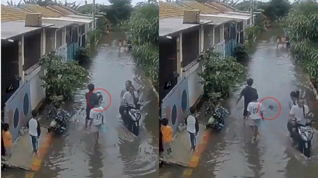 Seorang ayah tega melempar anak balitanya ke genangan banjir di Bekasi. (Foto: X @fasekrisis)