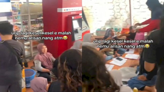 Kumpulan emak-emak duduk lesehan gelar arisan di dalam gerai ATM. (Foto: Instagram @lambe_turah)