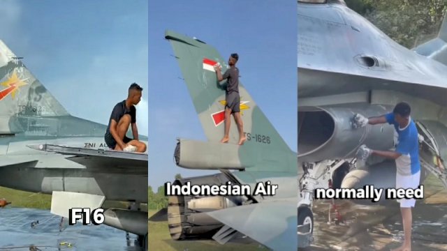 Para prajurit TNI AU mencuci pesawat tempur F-16 secara manual. (Foto: Instagram @Urbanbuffet.id)