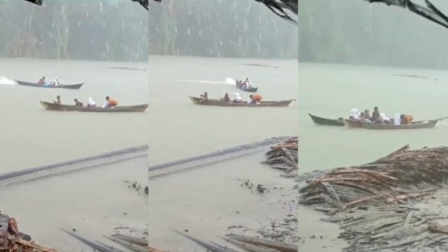 Perahu boat ke sekolah mogok, anak-anak SD ini saling bantu. (Foto: Instagram @lambe_turah)