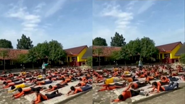 Siswa SD di Karawang belajar renang di lapangan sekolah tanpa ada air. (Foto: Instagram @fakta.indo)