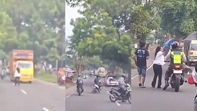 Aksi seorang wanita hadang dan menabrakkan diri ke kendaraan yang melintas di Jombang. (Foto: Instagram @fakta.indo)