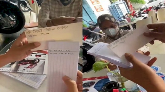 Seorang emak-emak ingin membeli motor baru pakai uang kertas dengan tulisan tangan sendiri. (Foto: Instagram @jabodetabek24info)