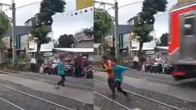 Detik-detik seorang bocah nyaris tertabrak Kereta Api di perlintasan kereta api. (Foto: Instagram @fakta.jakarta)