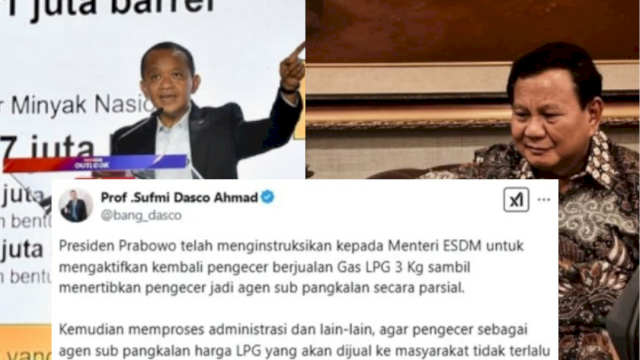 Melalui cuitan Wakil Ketua DPR RI, Sufmi Dasco Ahmad di Akun X, Selasa (4/2/2025), Presiden Prabowo Subianto perintahkan Menteri ESDM, Bahlil Lahadalia hentikan penjualan gas LPG 3 Kg melalui pangkalan. 