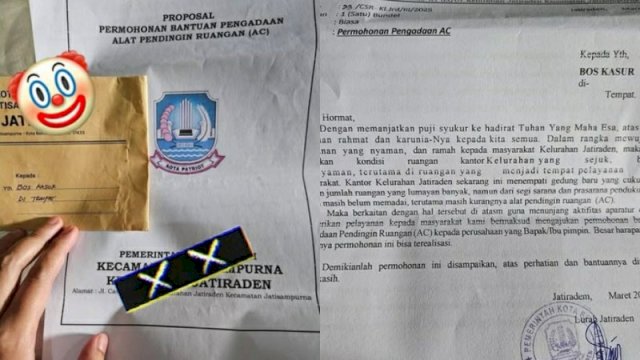 Proposal berkop Kelurahan Jatiraden Kota Bekasi untuk minta bantuan AC kepada Bos Kasur. (Foto: Instagram @lambe_turah)