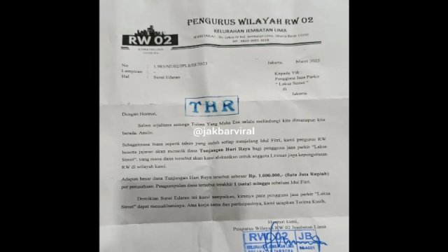 Pengurus RW di Jakbar minta THR Rp1 juta ke pengusaha. (Foto: Instagram @jakbarviral)