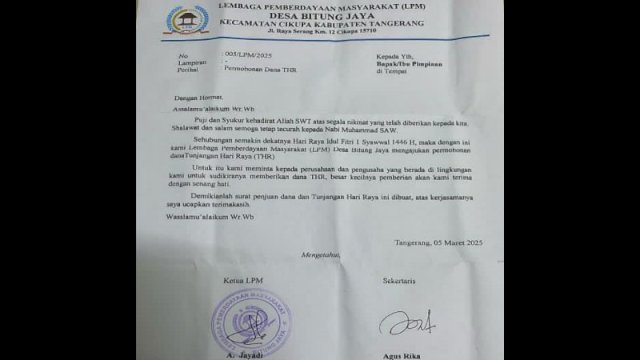 Ormas di Tangerang Kirim Surat Diduga Permintaan Dana THR ke Pengusaha dan Perusahaan. (Foto: X @bacottetangga__)