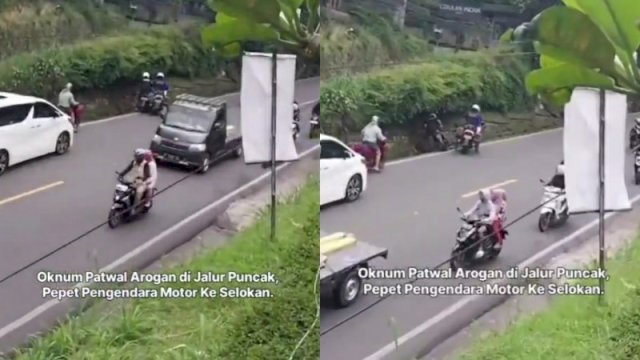 Oknum polisi patwal arogan tendang pemotor di Kawasan Puncak Bogor. (Foto: X @WagimanDeep212_)