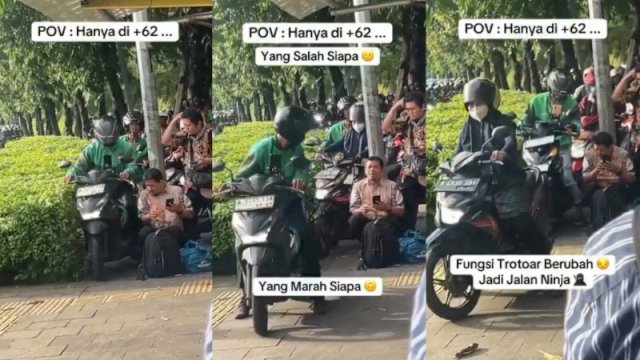 Sejumlah Pemotor yang melewati trotoar memarahi bapak-bapak yang sedang duduk gegara susah melintas. (Foto: @Pai_C1)