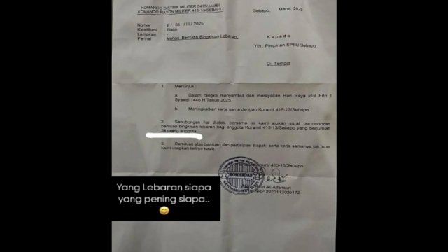 Surat permintaan bantuan bingkisan Lebaran dari Koramil Jambi kepada SPBU Sebapo. (Foto: X @NenkMonica)