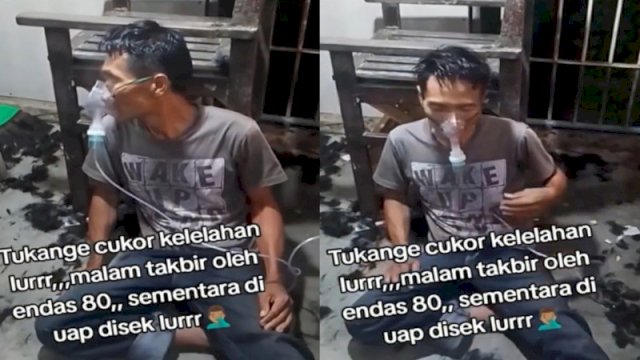 Seorang tukang cukur rambut kelelahan setelah melayani 80 pelanggan dalam sehari. (Foto: Instagram @fakta.indo)