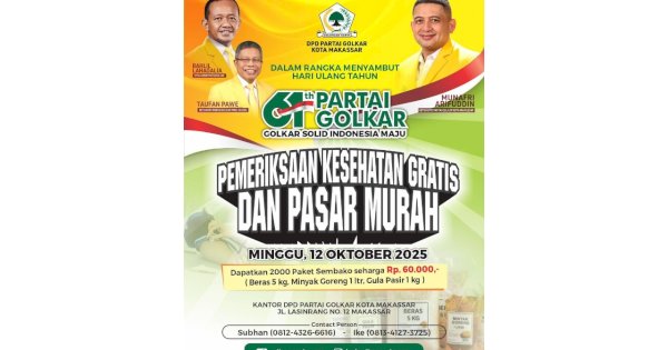 Peringatan HUT ke-61, Golkar Makassar Berbagi Dua Ribu Paket Sembako Murah dan Pemeriksaan Kesehatan Gratis