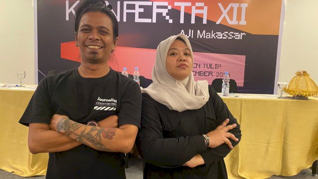 Ketua AJI Makassar periode 2025-2028 Sahrul Ramadhan (kiri) dan Chaerani (kanan). 