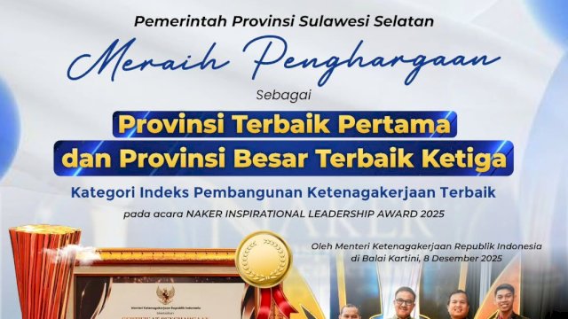 Pemprov Sulsel Sabet Dua Penghargaan di Naker Inspirational Leadership Award 2025