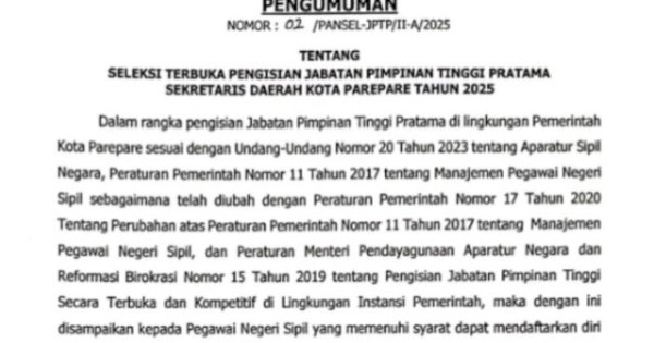 Berikut 4 Syarat Yang Wajib Dipenuhi Calik Sekda Parepare