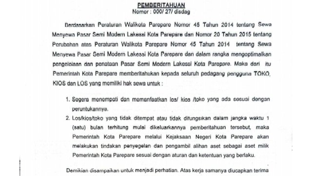 Pemkot Parepare Minta Pedagang Segera Tempati Kios di Pasar Semi Modern Lakessi, Melanggar Akan Disegel&nbsp;