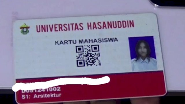 Kartu mahasiswi yang ditemukan meninggal di kawasan Kampus Teknik Unhas di Kabupaten Gowa. (Foto: Istimewa) 