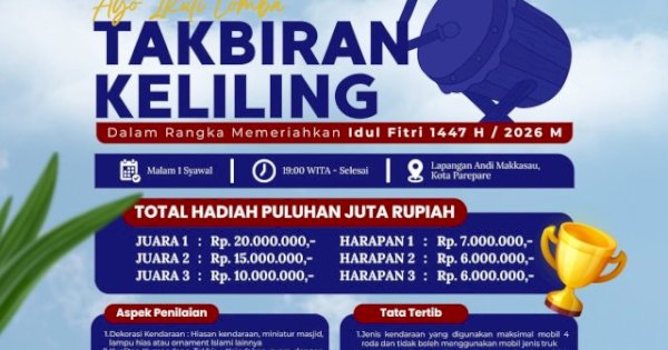 Meriahkan Malam Takbiran 1 Syawal, Pemkot Parepare Siapkan Hadiah Puluhan Juta Lewat Lomba Takbiran Keliling