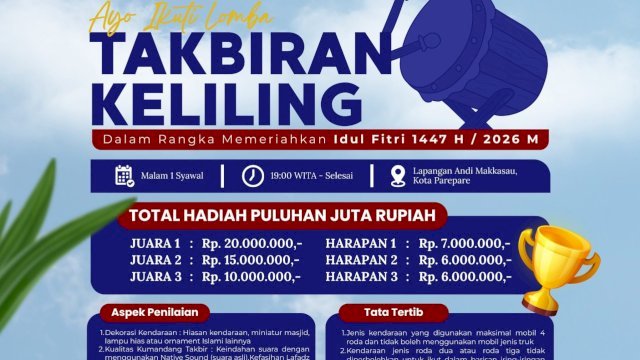 Meriahkan Malam Takbiran 1 Syawal, Pemkot Parepare Siapkan Hadiah Puluhan Juta Lewat Lomba Takbiran Keliling