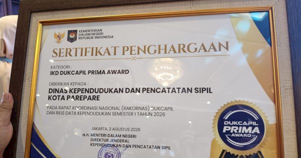 Parepare Raih Penghargaan IKD Disdukcapil Prima Award 2026, Satu-satunya Di Kawasan Indonesia Timur