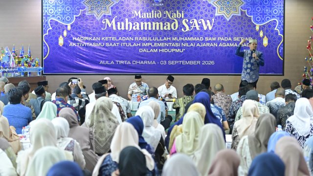Perumda Air Minum Kota Makassar menggelar peringatan Maulid Nabi Muhammad SAW di Aula Tirta Dharma Perumda Air Minum Kota Makassar, Kamis (3/9/2026).