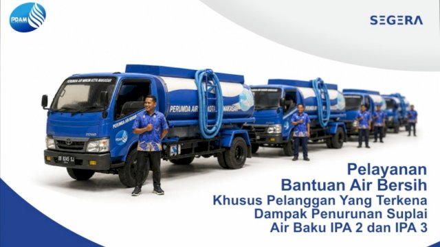 Perumda Air Minum Kota Makassar mengoptimalkan layanan bantuan air bersih melalui mobil tangki bagi pelanggan yang terdampak penurunan suplai air baku ke Instalasi Pengolahan Air (IPA) 2 dan IPA 3 akibat rendahnya curah hujan dan kondisi kekeringan.