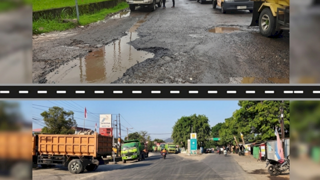 Potret jalan sebelum dan sesudah ditangani melalui paket 6 Program MYP Pemprov Sulsel. (Foto: Humas Pemprov Sulsel)