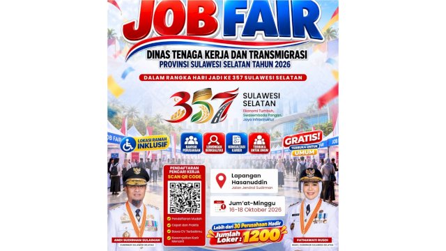 Job Fair Sulsel 2026: Gubernur Andi Sudirman Sulaiman Gandeng 30 Perusahaan, Buka 1.230 Lowongan Kerja